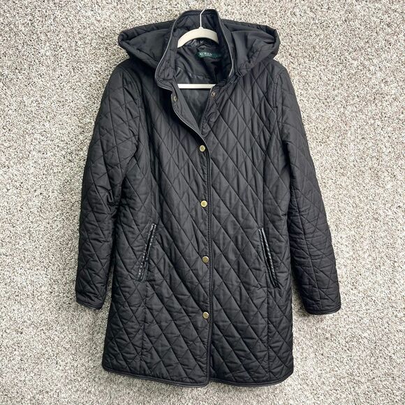 Lauren Ralph Lauren Coat Women’s Large Black Quilted Snap Front Long Puffer - Picture 1 of 12